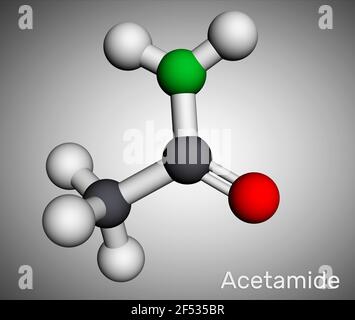 Acetammide, molecola di etanammide. Si tratta di un'ammide di acido monocarbossilico. Modello molecolare. Rendering 3D. Illustrazione 3D Foto Stock