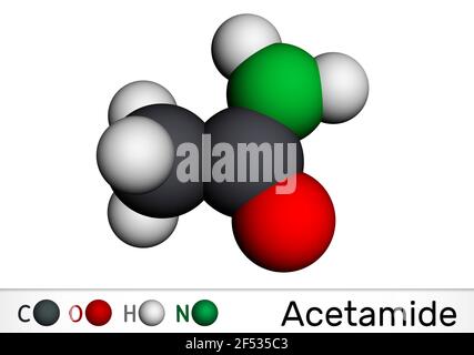 Acetammide, molecola di etanammide. Si tratta di un'ammide di acido monocarbossilico. Modello molecolare. Rendering 3D. Illustrazione 3D Foto Stock