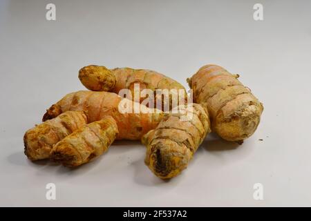 Primo piano di fette e radice curcica intera o rizoma. Native del subcontinente indiano, le radici sono usate in cucina & medicina ayurvedica. Foto Stock