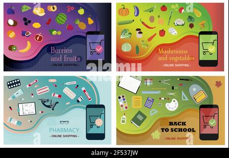 Set di schermi per smartphone con ordinazione di verdure, frutta, farmacia e forniture per ufficio. Immagine dell'applicazione con consegna a domicilio. Vettore piatto Illustrazione Vettoriale