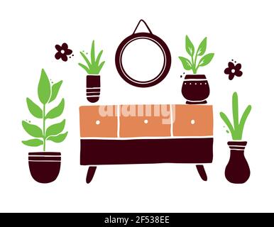 Set disegnato a mano di carino pianta domestica con pentola. Semplice stile piatto alla moda. Collezione per arredamento giardino interno. Illustrazione Vettoriale