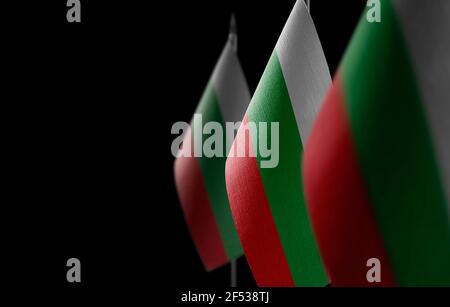 Piccole bandiere nazionali della Bulgaria su sfondo nero Foto Stock