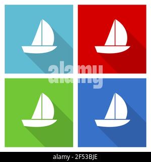 Set di icone per yacht, illustrazione vettoriale dal design piatto in eps 10 per applicazioni di webdesign e mobili in quattro colori Illustrazione Vettoriale