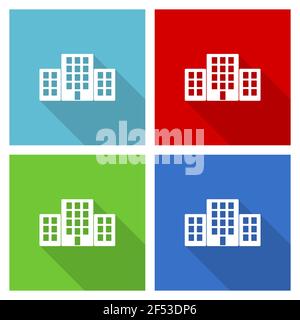 Set di icone per edifici per ufficio, illustrazione vettoriale dal design piatto in eps 10 per applicazioni di webdesign e mobili in quattro colori Illustrazione Vettoriale