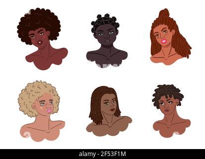 Cultura dei capelli neri - le ragazze afroamericane hanno isolato le teste. Ritratti di donne nere con trecce, afros, locs e nodi di capelli. Signore africane ricci Illustrazione Vettoriale