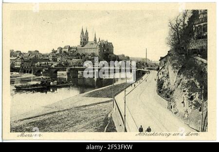 Albrechtsburg e Cattedrale - Elba con ponte e vaporetto Meissen. Albrechtsburg u. Cattedrale - Elbe m. Ponte u. Vaporizzatore Foto Stock