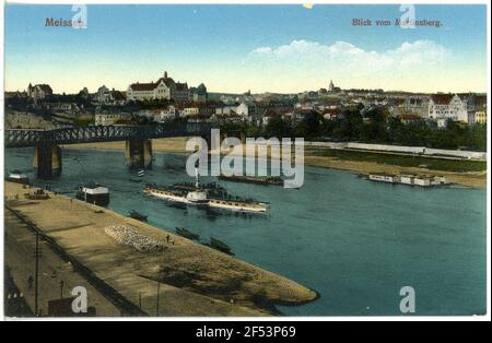 Vista dal Martinsberg, Elba con vaporetto, ponte ferroviario Meissen. Bl. Martinsberg, Elbe m. Vaporiera, ponte ferroviario Foto Stock