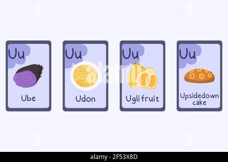 Flashcard alfabetica colorata lettera U - Ube, Udon, uglifruit, torta capovolta. Illustrazione Vettoriale