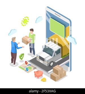 Smartphone isometrico, camion, corriere che consegna il pacco al cliente, illustrazione vettoriale piatta. Servizio di consegna online a domicilio. Illustrazione Vettoriale