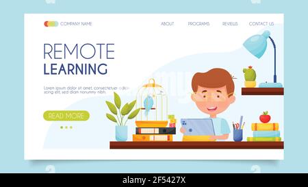 Apprendimento remoto. Informazioni sulla landing page. Disegno piatto, illustrazione vettoriale. Illustrazione Vettoriale
