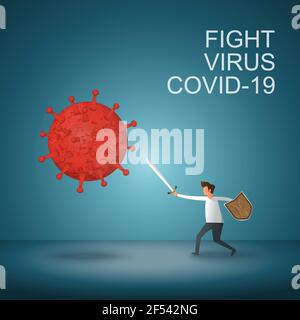 Uomo lotta covid-19 corona virus. Cura corona virus. Persone lotta virus concetto. corona virus vaccino concetto. illustrator virus. Illustrazione Vettoriale