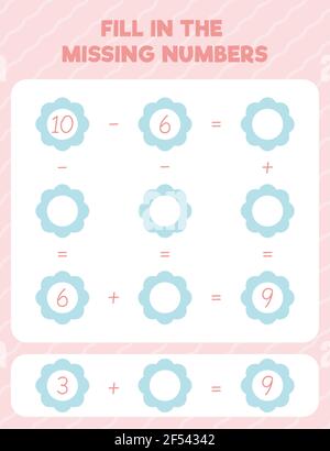 Inserire i numeri mancanti. Pagina pratica del foglio di lavoro matematico stampabile. Contare e scrivere. Illustrazione Vettoriale