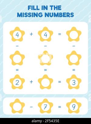 Inserire i numeri mancanti. Pagina pratica del foglio di lavoro matematico stampabile. Contare e scrivere. Illustrazione Vettoriale