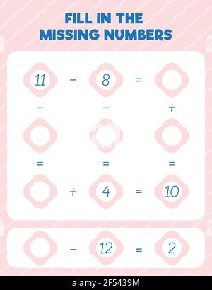 Inserire i numeri mancanti. Pagina pratica del foglio di lavoro matematico stampabile. Contare e scrivere. Illustrazione Vettoriale