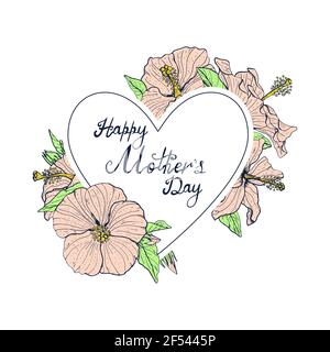 Testo con lettere a mano Happy Mother's day decorato con line art fiori d'ibisco d'epoca Illustrazione Vettoriale