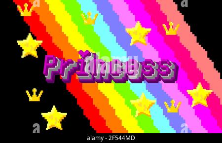Scritta calligrafia principessa pixel art. Stampa retro stile videogioco per bambini o bambini t-shirt design, decorazione della stanza. Illustrazione di stock vettoriale. Illustrazione Vettoriale