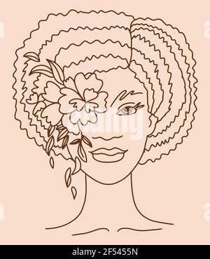 Modern Beauty donna viso stilizzato con fiori. Illustrazione vettoriale monocromatica Line art Illustrazione Vettoriale