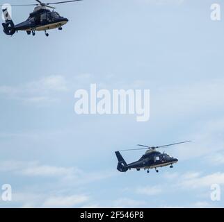Un paio di SAS Special Air Service, Army Air Corps Dauphin elicotteri di 658 squadrone da Credenhill in un esercizio di addestramento militare, Wiltshire UK Foto Stock