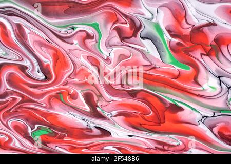 Astratto fluido arte sfondo colori rosso e bianco. Marmo liquido. Pittura acrilica su tela con linee verdi e gradiente. Inchiostro a base di alcool con Foto Stock