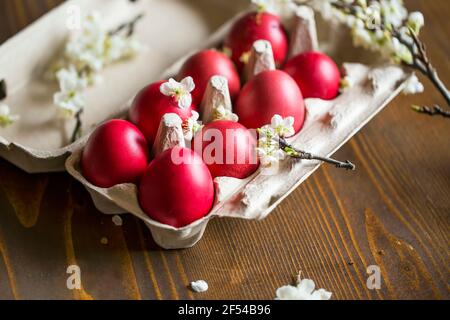 Uova di Pasqua rosse con fiori di primavera, uova di Pasqua naturali dipinte con fiori bianchi di primavera e composizione di gemme, vacanze di Pasqua Foto Stock
