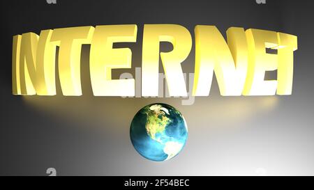 INTERNET giallo scrittura piegata su sfondo nero, con Planet Earth - rappresentazione grafica 3D Foto Stock