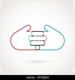 Simbolo a due mani. Rosso e blu. Illustrazione vettoriale, design piatto Illustrazione Vettoriale