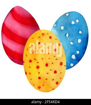 Acquerello disegnato a mano easter composizione di uova colorate in stile cartoon. Uova gialle, blu, rosse isolate insieme su sfondo bianco. Foto Stock