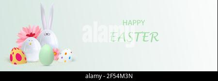 Buon passato di Pasqua. Design festoso con elementi realistici in 3d per coniglietto e pollo. Fiori di primavera e uova. Banner, poster Web, volantino Illustrazione Vettoriale