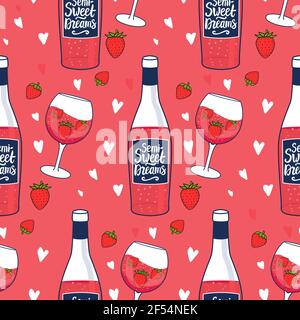 Bottiglia di vino rosa con motivo senza cuciture con iscrizione semi Sweet Dreams. Bevanda carina femminile in un wineglass con fragole. Illustrazione della mano vettoriale Illustrazione Vettoriale