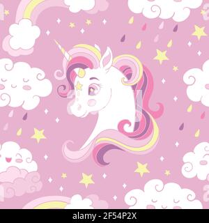 Motivo senza cuciture con teste di unicorno e nuvole di pioggia arcobaleno su sfondo rosa. Illustrazione vettoriale per party, stampa, baby shower, carta da parati, desig Illustrazione Vettoriale