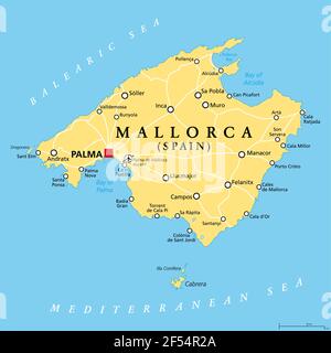 Mappa politica di Maiorca, con la capitale Palma e importanti città. Maiorca, la più grande isola della comunità autonoma delle Isole Baleari, Spagna. Foto Stock