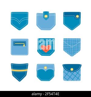 Set di tasche a toppa per pantaloni in denim e altri indumenti. Illustrazione vettoriale cartoon isolata Illustrazione Vettoriale