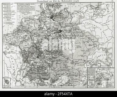 Germania al tempo della riforma (1547). Scala 1: 5000000. Mappa 21 da: Atlante della F. W. Putzgers Historical School: La storia vecchia, media e nuova. A cura di Alfred Baldamus e Ernst Schwabe. Stampa multicolore. Bielefeld e Lipsia: Velhagen & Klaasing, 1904 (28a edizione) Foto Stock