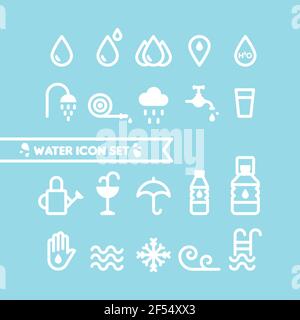 Set: Icone acqua e gocce. Stile a linea tonda. Simboli di contorno minimi. Illustrazione vettoriale, design piatto Illustrazione Vettoriale