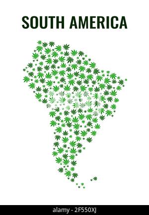 Mappa del Sud America modello di foglie di cannabis . Vettore astratto erbaccia marijuana in verde color.Flat elementi di fogliame. Illustrazione Vettoriale