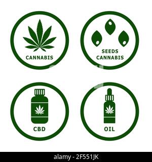 Set di cannabis, marijuana, foglia di canapa, CBD Cannabidiolo, semi e olio icone. Illustrazione vettoriale piatta. Illustrazione Vettoriale