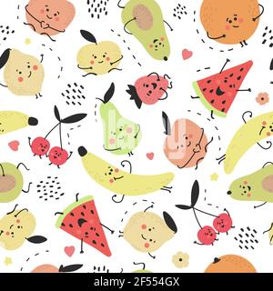 Modello di frutta senza giunture disegnata a mano vettoriale. Colore cute texture estate divertente su sfondo bianco. Cibo sano, stampa moderna alla moda. Illustrazione Vettoriale