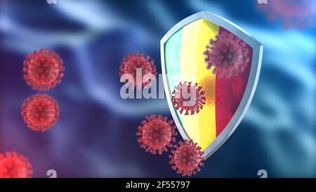 Barriera di sicurezza Coronavirus Sars-Cov-2. Scudo in acciaio dipinto come bandiera nazionale Mali difendere contro le cellule, fonte di covid-19 malattia. Armatura di sicurezza, vi Foto Stock