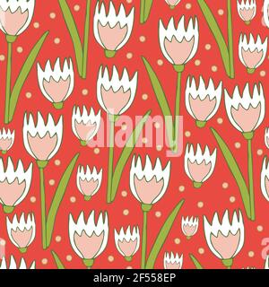Pattern vettoriale senza giunture con tulipani su sfondo rosa. Splendido design floreale della carta da parati. Romantico fiore moda tessile. Illustrazione Vettoriale