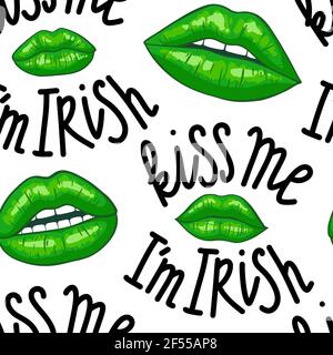 Kiss me i m irlandese senza cuciture modello. Divertente giorno di San Patrizio dire - Baciami sono irlandese. Illustrazione Vettoriale