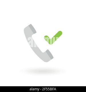 Icona ricevitore telefono retro isolata. Simbolo del ricevitore. Segno di spunta verde. Illustrazione vettoriale, design piatto Illustrazione Vettoriale
