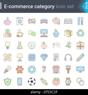 Shopping online e e-commerce categoria icone colorate lineari insieme isolato su sfondo bianco. Vettore di alta qualità Illustrazione Vettoriale