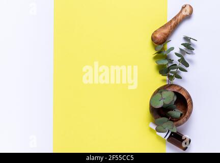 foglie di eucalipto e olio su sfondo giallo, vista dall'alto Foto Stock