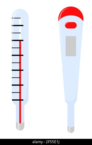 Termometro elettronico digitale e medico a mercurio Celsius per la misurazione della temperatura isolato su bianco. Illustrazione vettoriale cartoon. Illustrazione Vettoriale