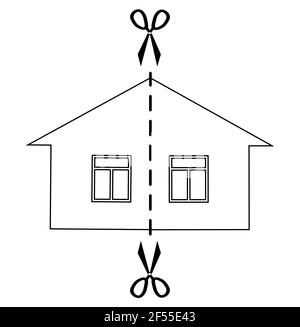 Concetto di divorzio e divisione di proprietà. Immagine vettoriale monocromatica nera tagliata a metà. Illustrazione Vettoriale