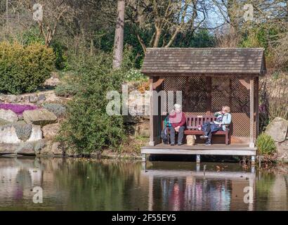 Pocklington, East Yorkshire, Inghilterra, 17 marzo 2021 - due Signore senior che si siedono su una panchina in un rifugio vicino ad uno stagno in una giornata di sole. Foto Stock