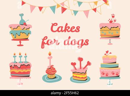 Vetector torte di cane multicolore, ghirlande festive per una festa. Le torte di compleanno del vostro cane. Dolci fatti in casa, ossa, panetteria per cuccioli. Isolato su sfondo beige. Illustrazione Vettoriale