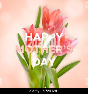 Bouquet di tulipani realistici con iscrizione Happy Mothers Day su sfondo rosa. Illustrazione vettoriale Illustrazione Vettoriale