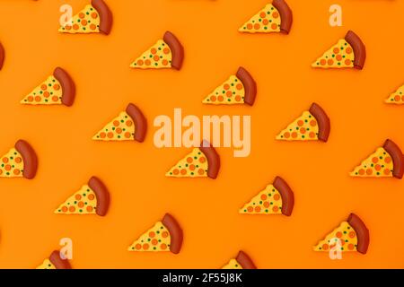 Rappresentazione tridimensionale delle fette di pizza su sfondo arancione Foto Stock