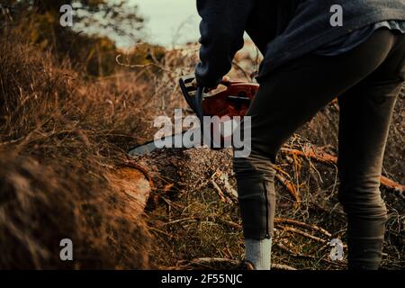 Ragazzo adolescente tagliando legno con motosega in foresta Foto Stock